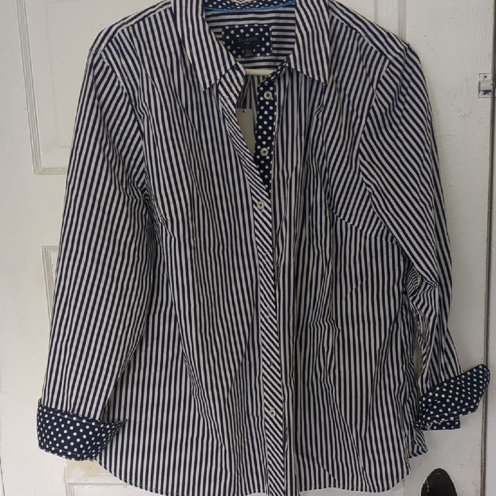 Talbots Women's Black and White Striped Button-Down Shirt